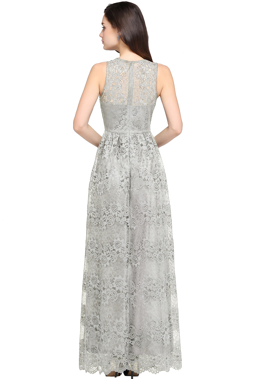 Silver V-Neck Lace A-Line Long Bridesmaid Dress Back View