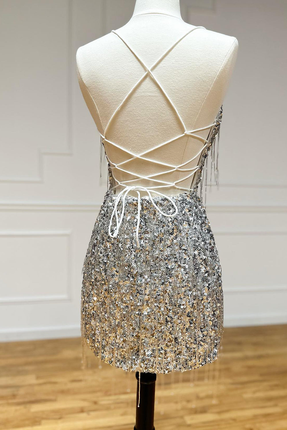 Silver V-Neck Sequin Sheath Homecoming Dress with Beading Back View