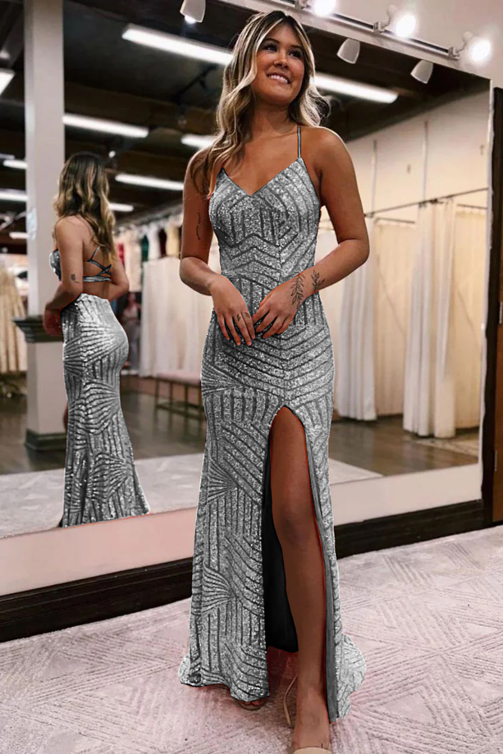 Silver V-Neck Sequin Sheath Long Prom Dress with Slit