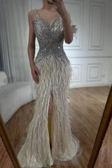 Silver V-Neck Sequin Sheath Long Prom Dress with Slit