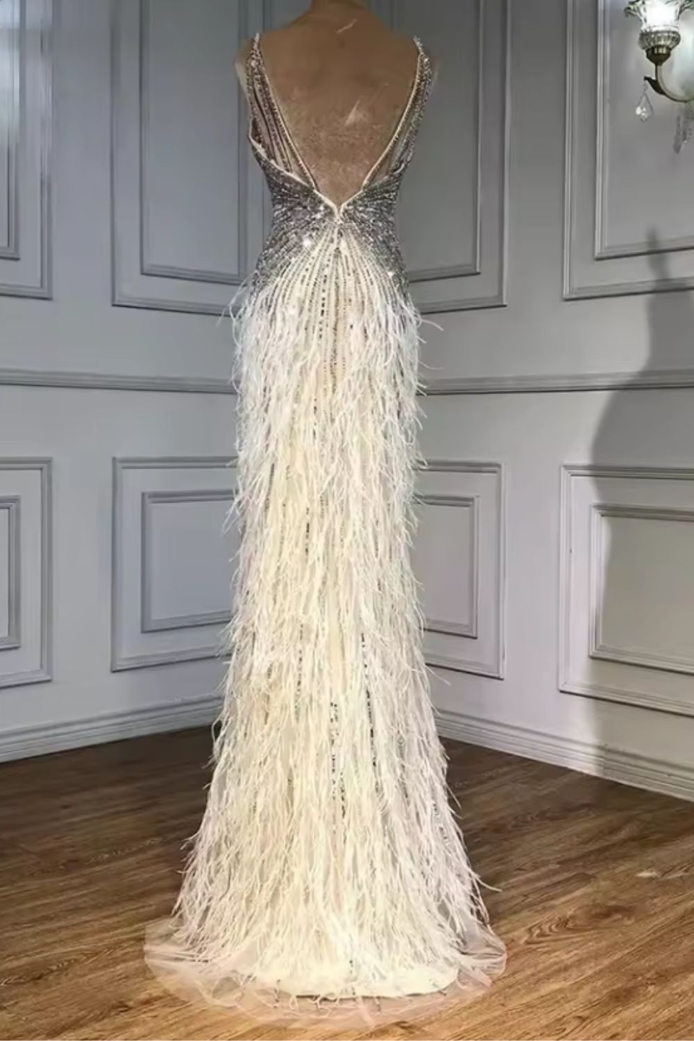 Silver V-Neck Sequin Sheath Long Prom Dress with Slit Back View