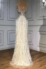 Silver V-Neck Sequin Sheath Long Prom Dress with Slit Back View