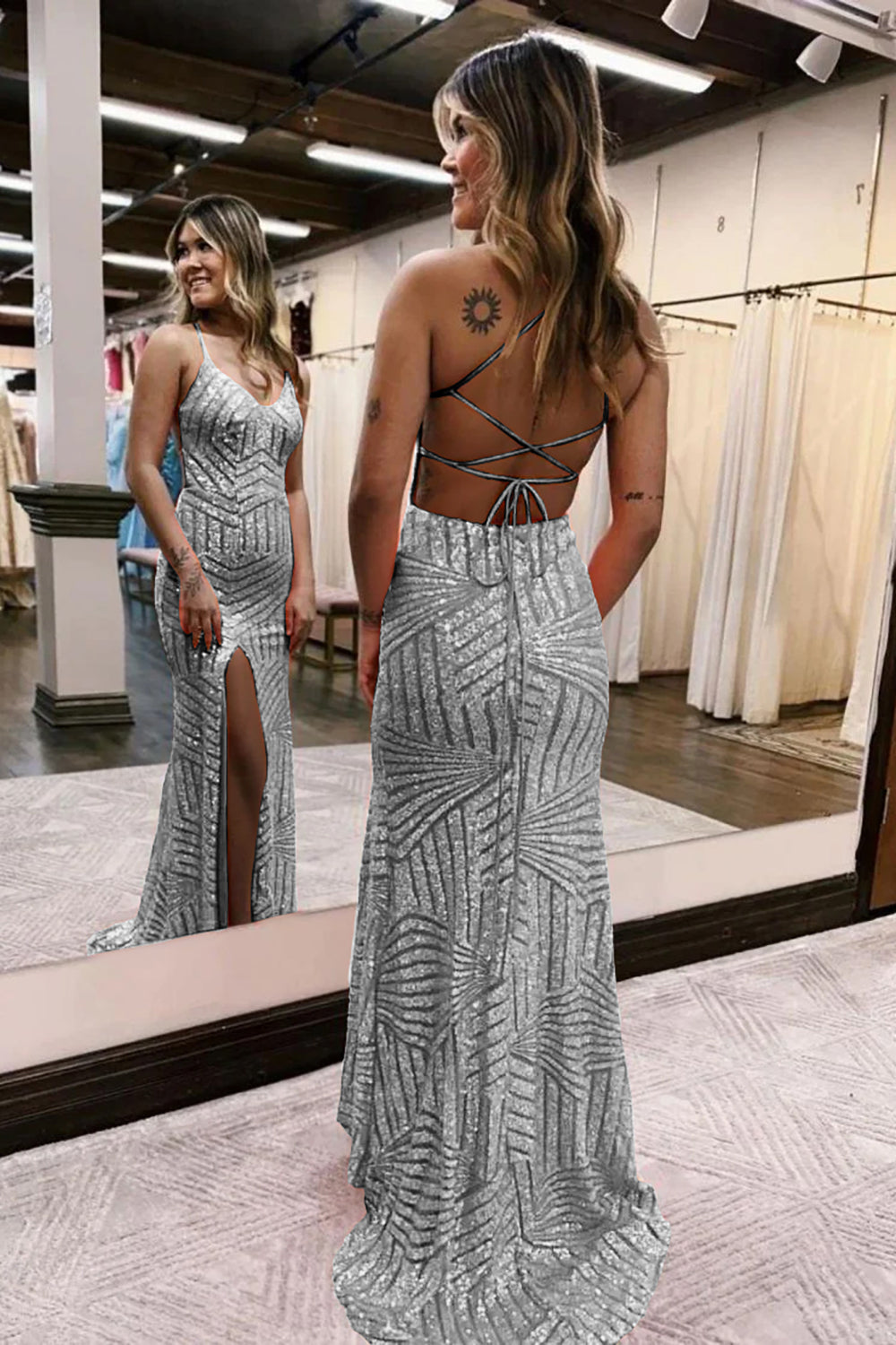 Silver V-Neck Sequin Sheath Long Prom Dress with Slit Back View