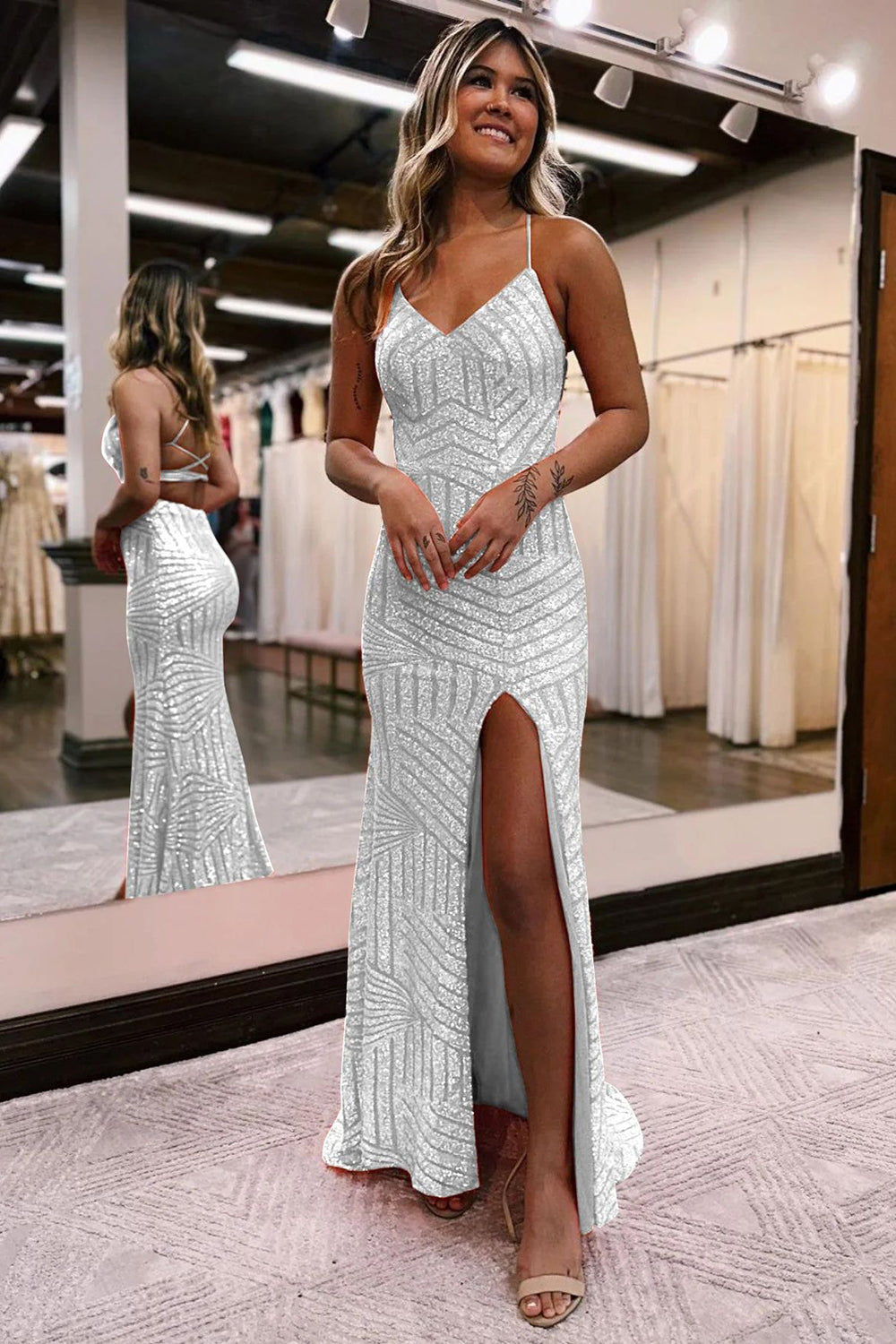 Silver V-Neck Sequin Sheath Long Prom Dress with Slit