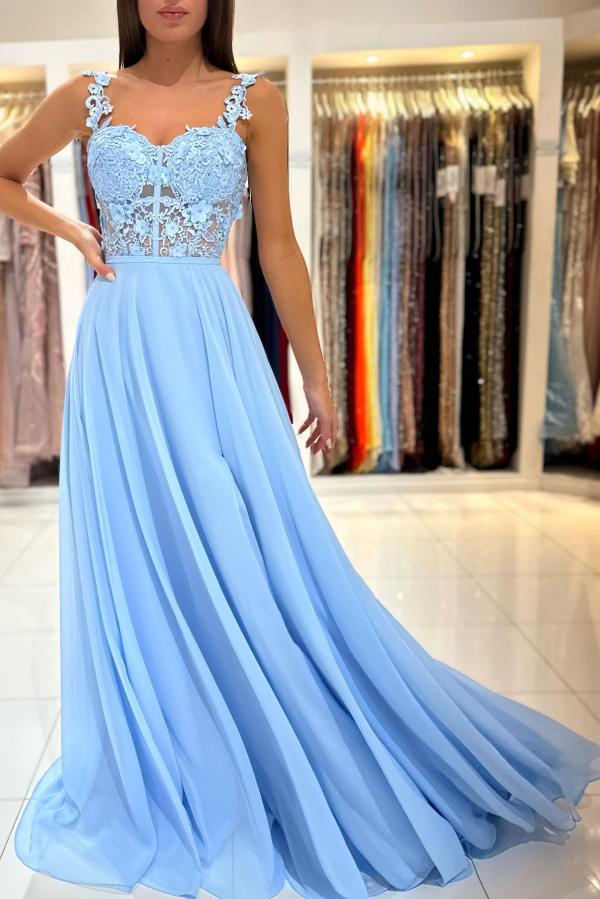 Simple Long A-line Sweetheart Chiffon Lace Backless Prom Dress with Slit