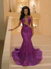 Biztunnnel Sleeveless Sequined Backless Mermaid Prom Dress