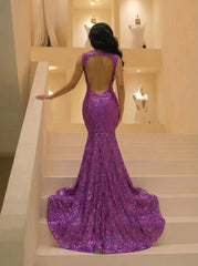 27Dress Sleeveless Sequined Backless Mermaid Prom Dress