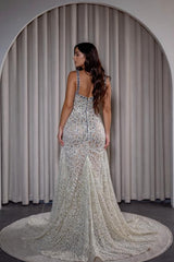 27DRESS Spaghetti Straps Formal Sequined Evening Dresses with Beaded and Split