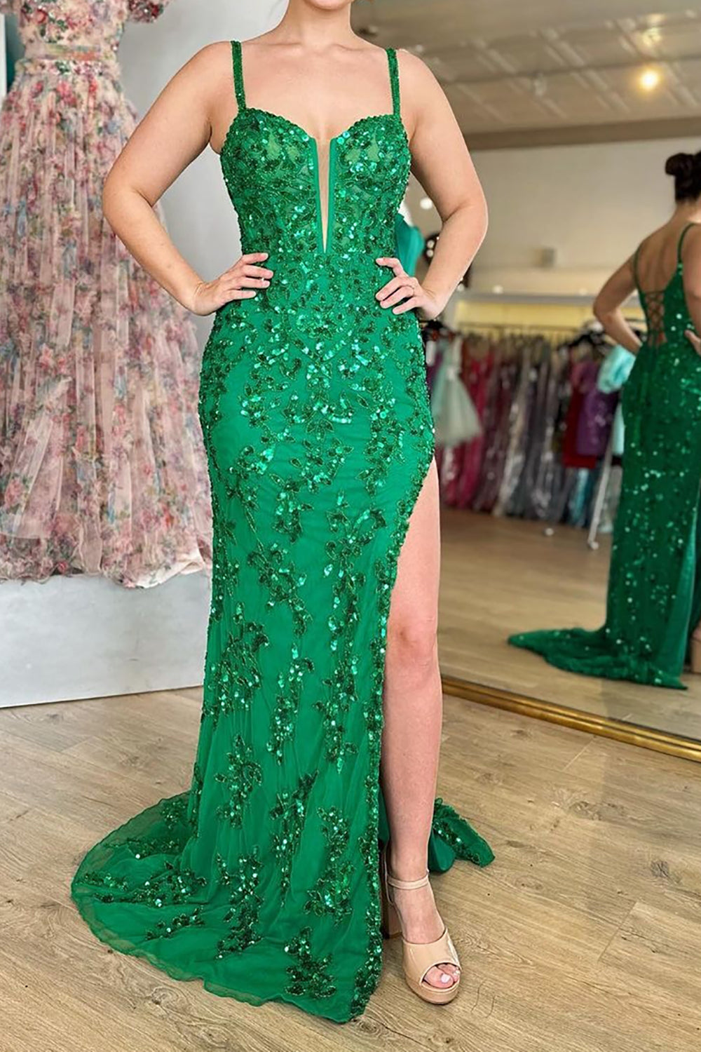 Sparkly Blue Sheath Sequins Long Prom Dress with Slit