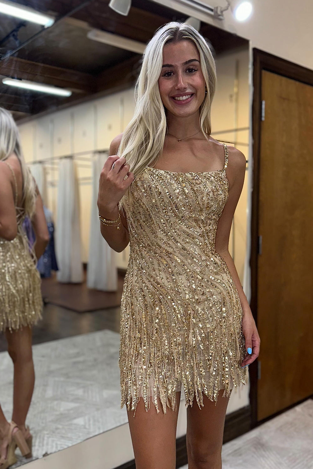 Sparkly Blue Spaghetti Straps Sequins Short Bodycon Homecoming Dress with Tassel