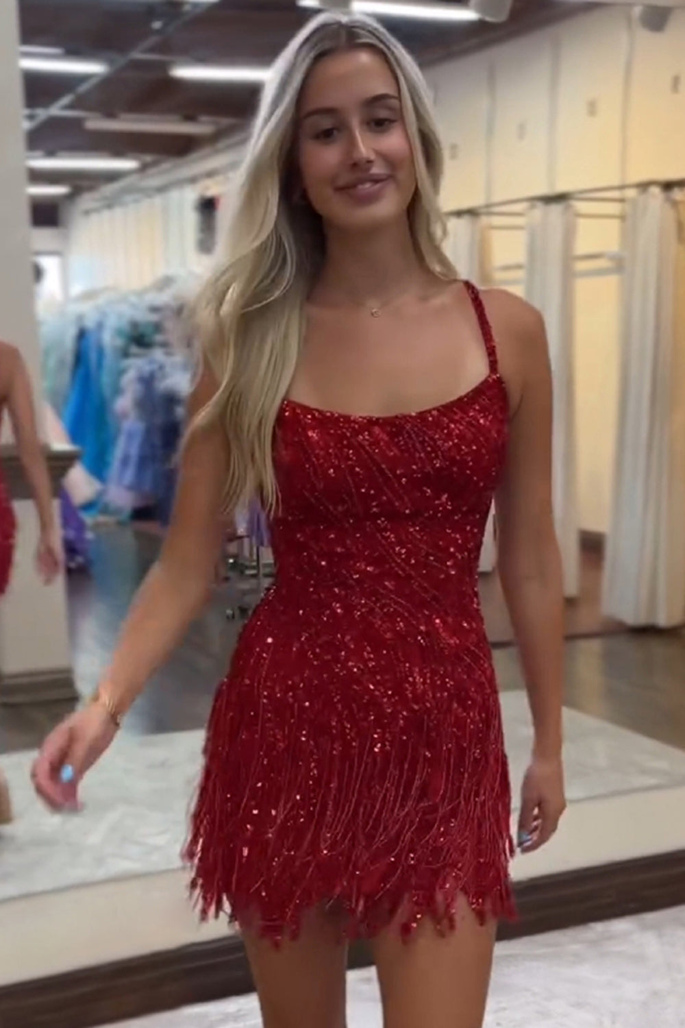 Sparkly Blue Spaghetti Straps Sequins Short Bodycon Homecoming Dress with Tassel