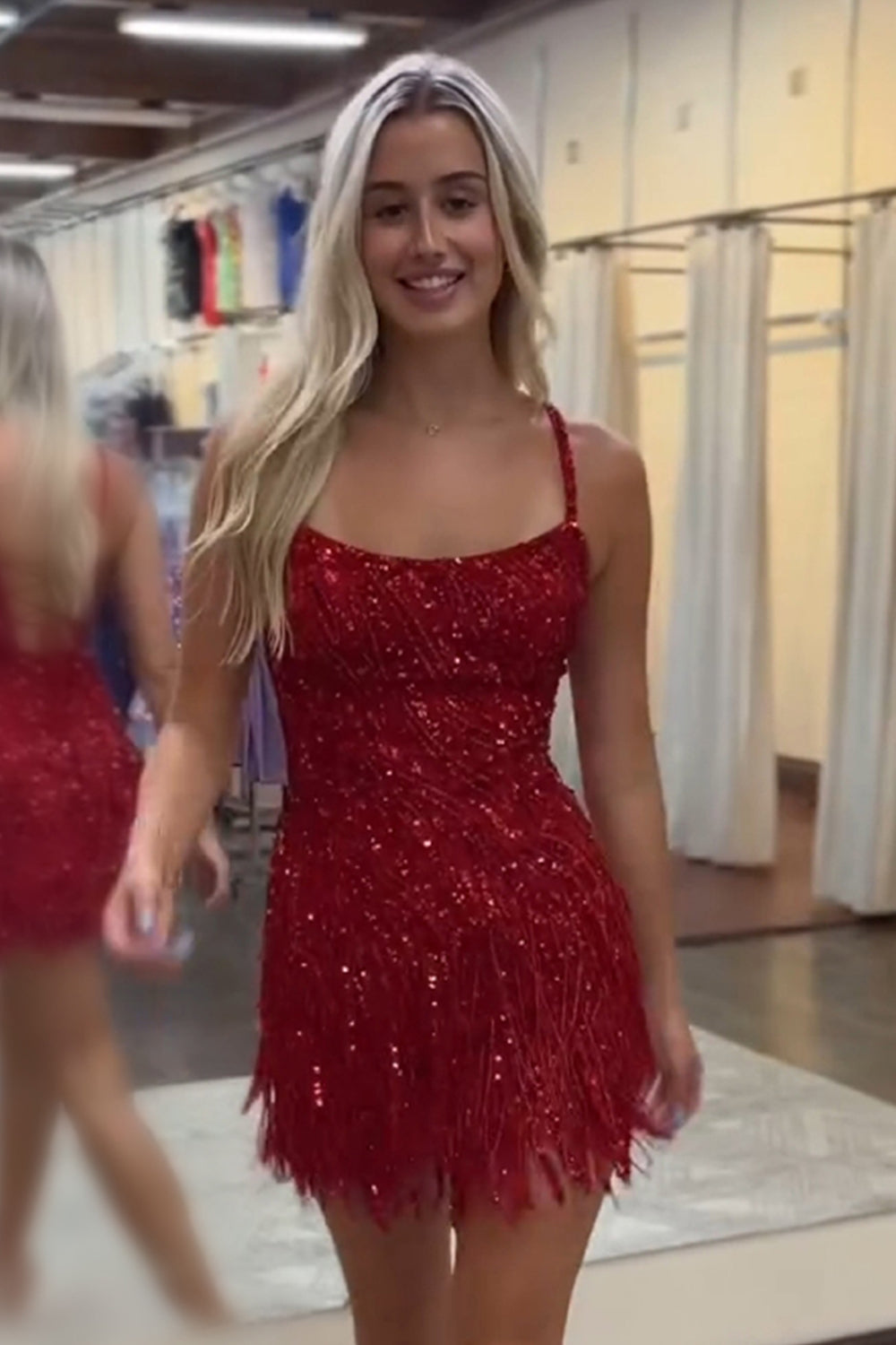 Sparkly Blue Spaghetti Straps Sequins Short Bodycon Homecoming Dress with Tassel