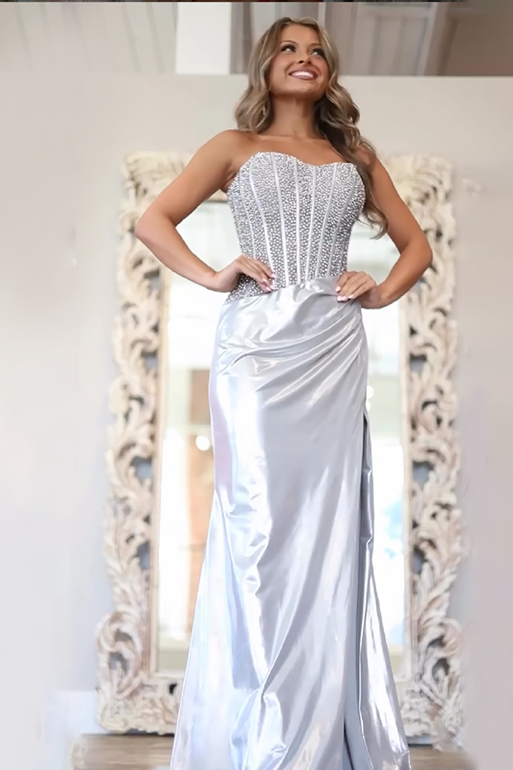 Sparkly Gold Strapless Metallic Mermaid Long Corset Prom Dress with Beading