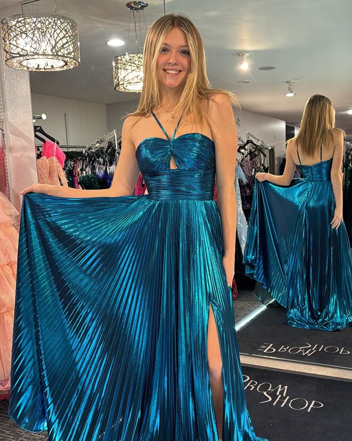 Sparkly Golden A Line Halter Neck Long Prom Dress with Keyhole Slit