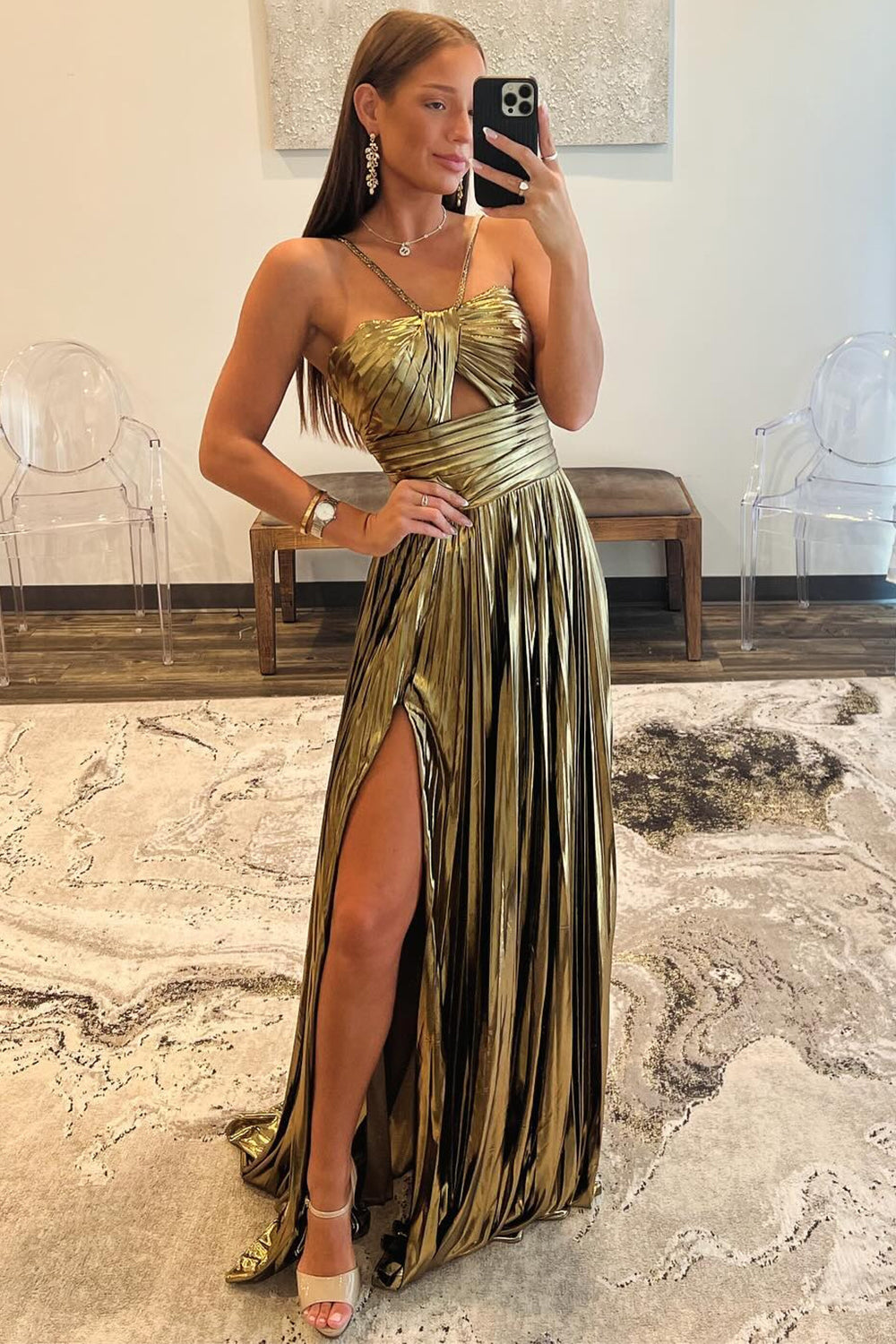 Sparkly Golden A Line Halter Neck Long Prom Dress with Keyhole Slit
