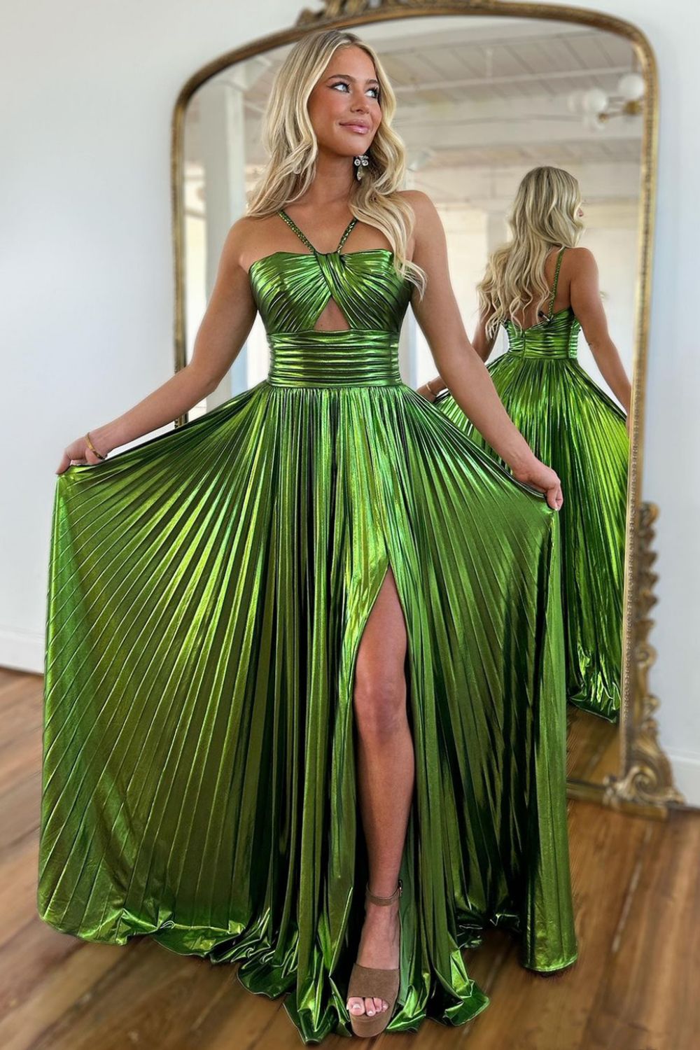 Sparkly Golden A Line Halter Neck Long Prom Dress with Keyhole Slit