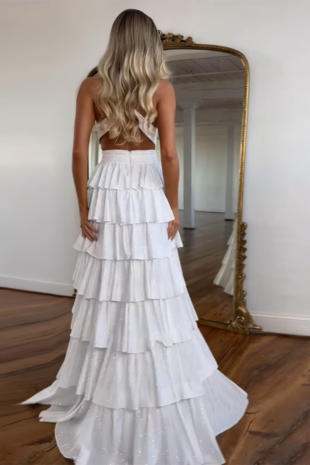 Sparkly Grey A Line Tiered Corset Long Beaded Prom Dress with Slit