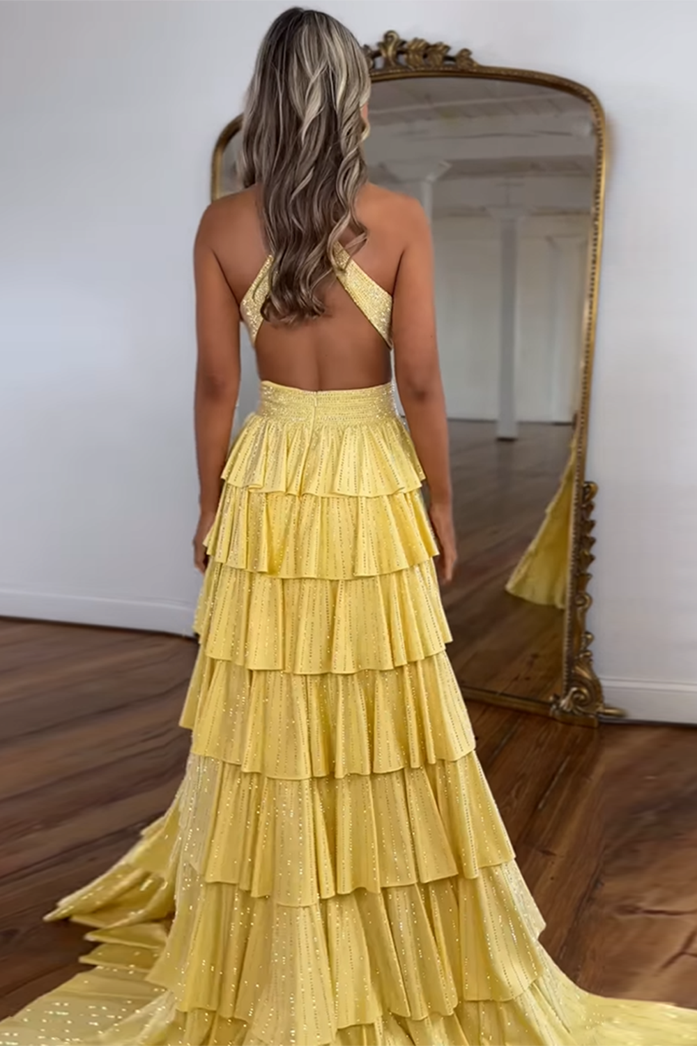 Sparkly Grey A Line Tiered Corset Long Beaded Prom Dress with Slit