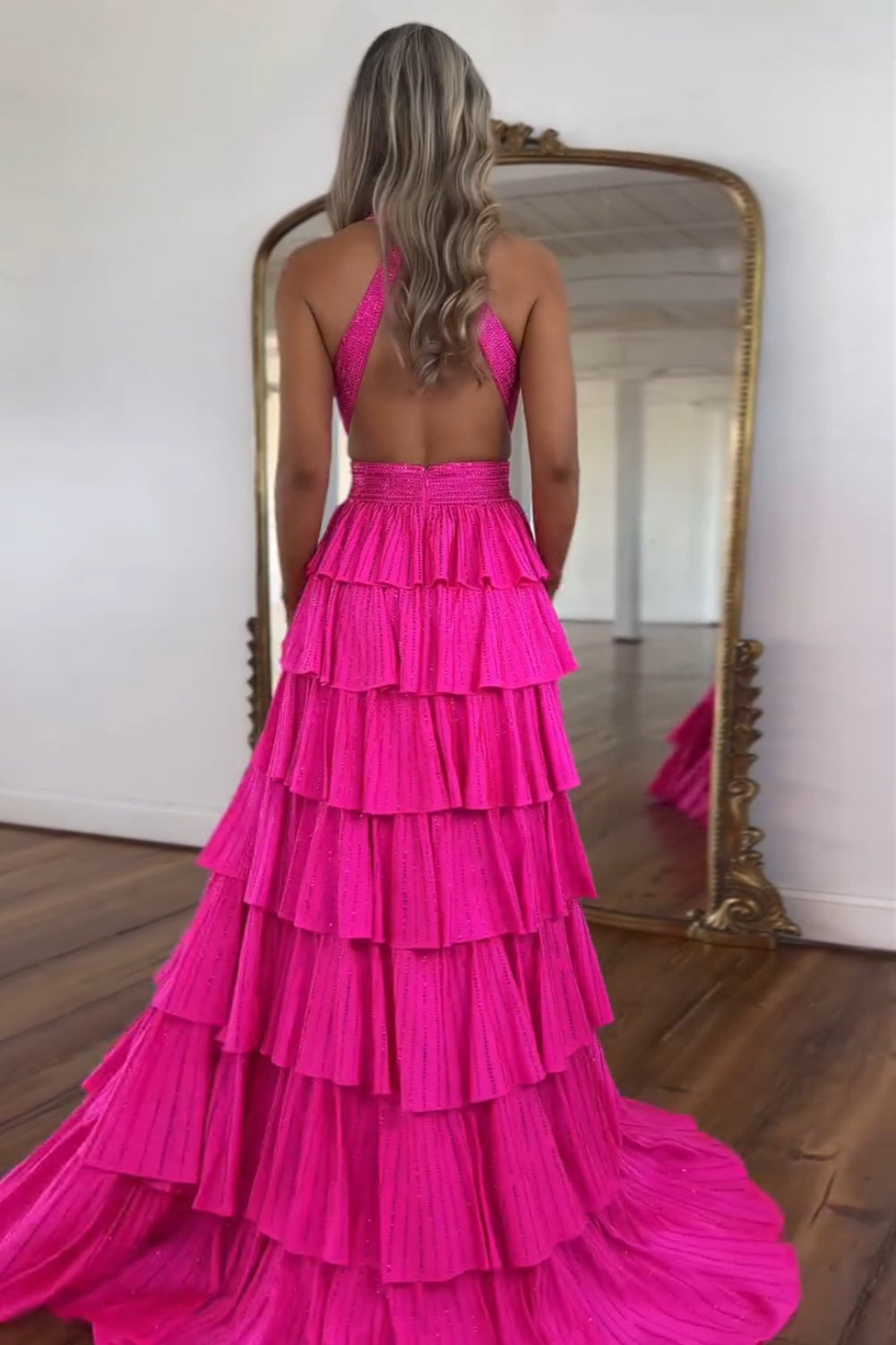 Sparkly Grey A Line Tiered Corset Long Beaded Prom Dress with Slit