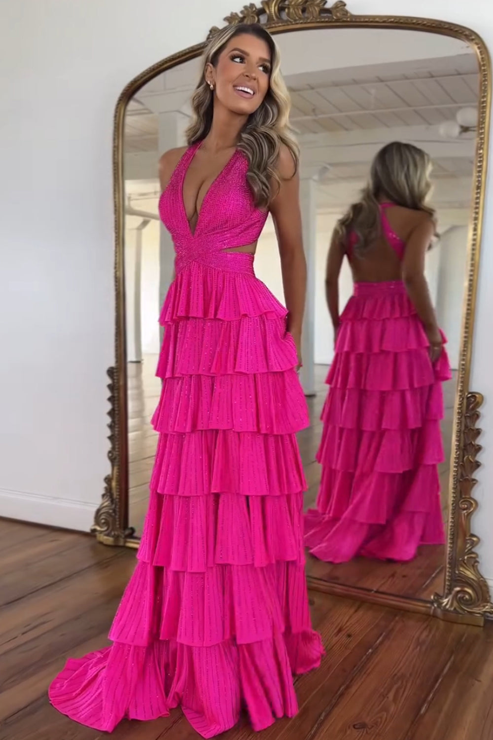 Sparkly Grey A Line Tiered Corset Long Beaded Prom Dress with Slit