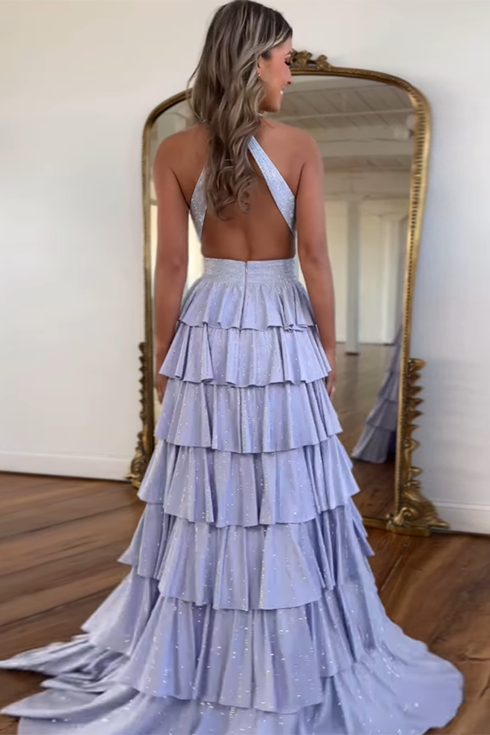 Sparkly Grey A Line Tiered Corset Long Beaded Prom Dress with Slit