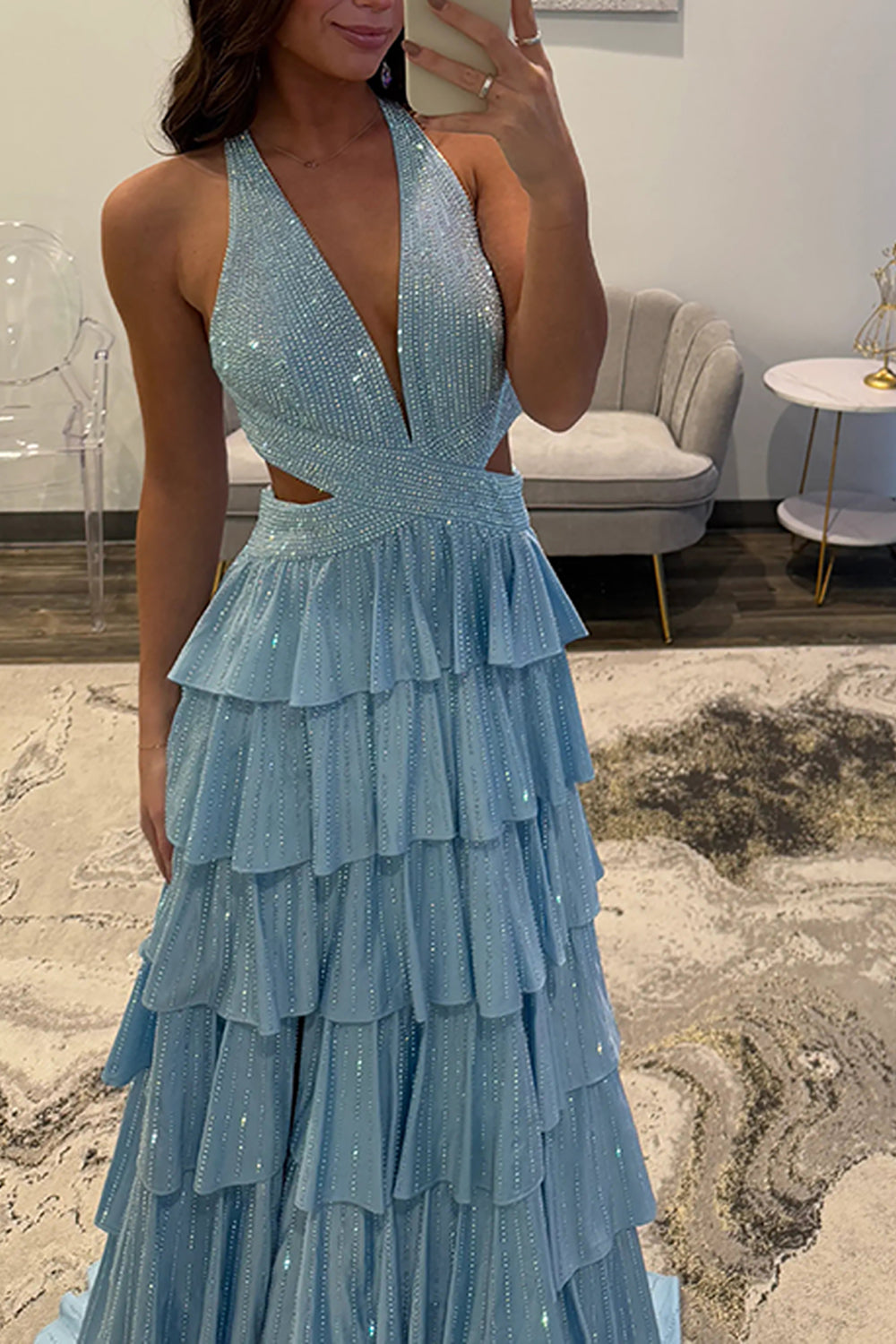 Sparkly Grey A Line Tiered Corset Long Beaded Prom Dress with Slit