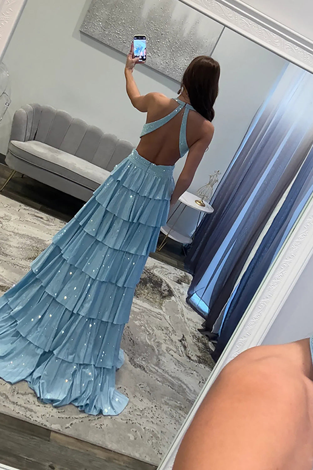 Sparkly Grey A Line Tiered Corset Long Beaded Prom Dress with Slit