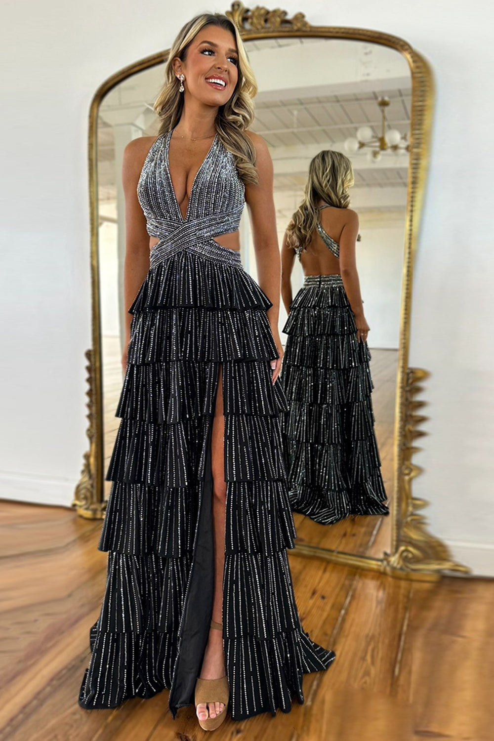Sparkly Grey A Line Tiered Corset Long Beaded Prom Dress with Slit