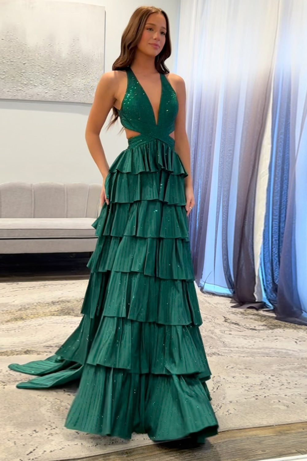 Sparkly Grey A Line Tiered Corset Long Beaded Prom Dress with Slit