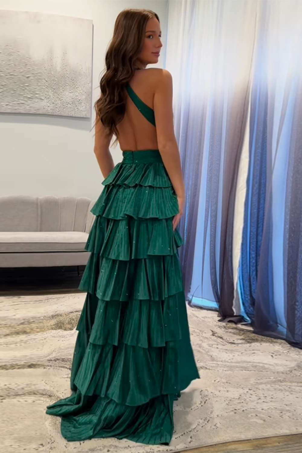 Sparkly Grey A Line Tiered Corset Long Beaded Prom Dress with Slit