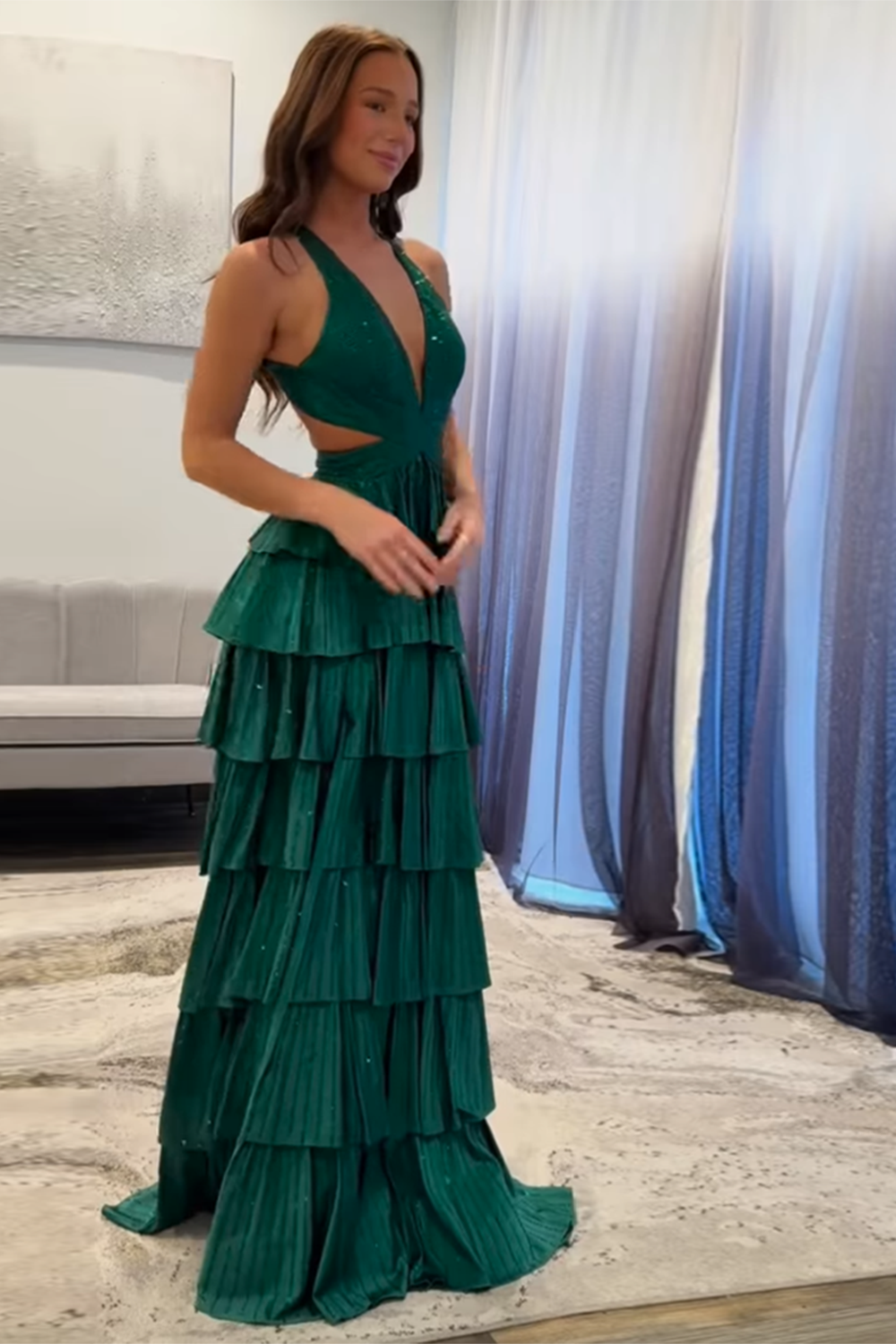 Sparkly Grey A Line Tiered Corset Long Beaded Prom Dress with Slit