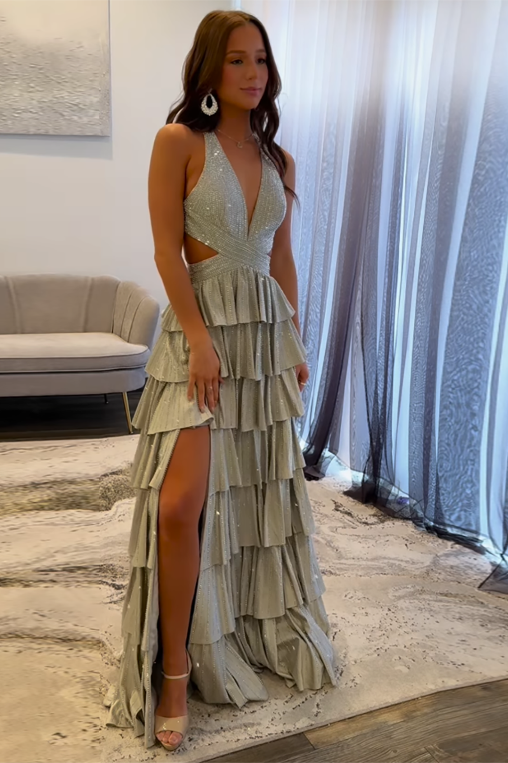 Sparkly Grey A Line Tiered Corset Long Beaded Prom Dress with Slit