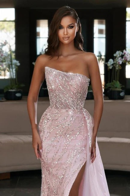 Sexy Long Mermaid Strapless Tulle Sequined Prom Dress With Slit