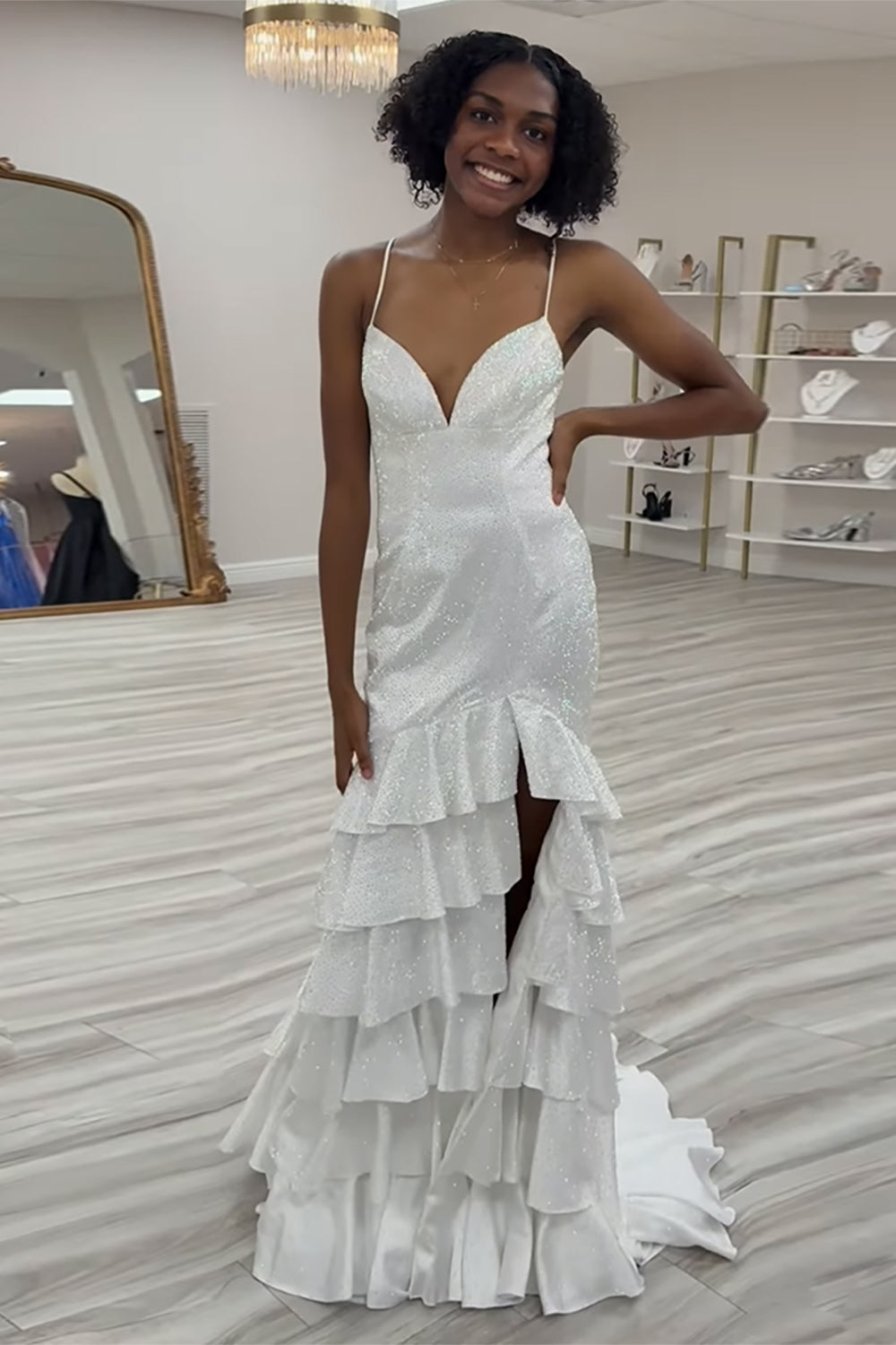 Sparkly Mermaid Black Spaghetti Straps Tiered Beaded Prom Dress with Slit