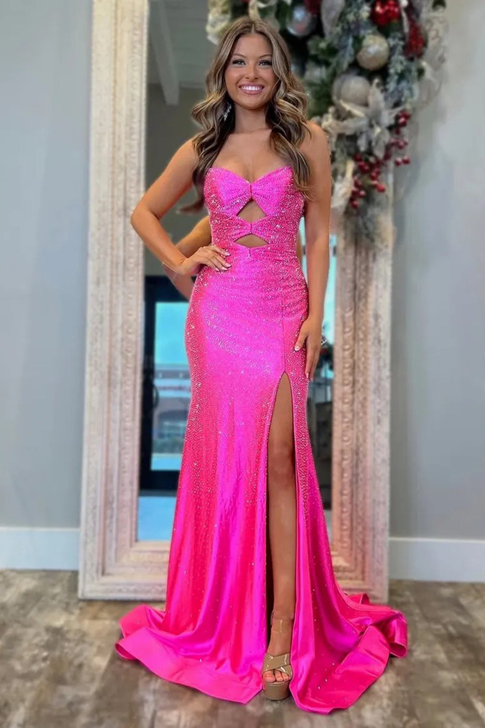Sparkly Navy Sweetheart Mermaid Cut Out Long Prom Dress with Beading