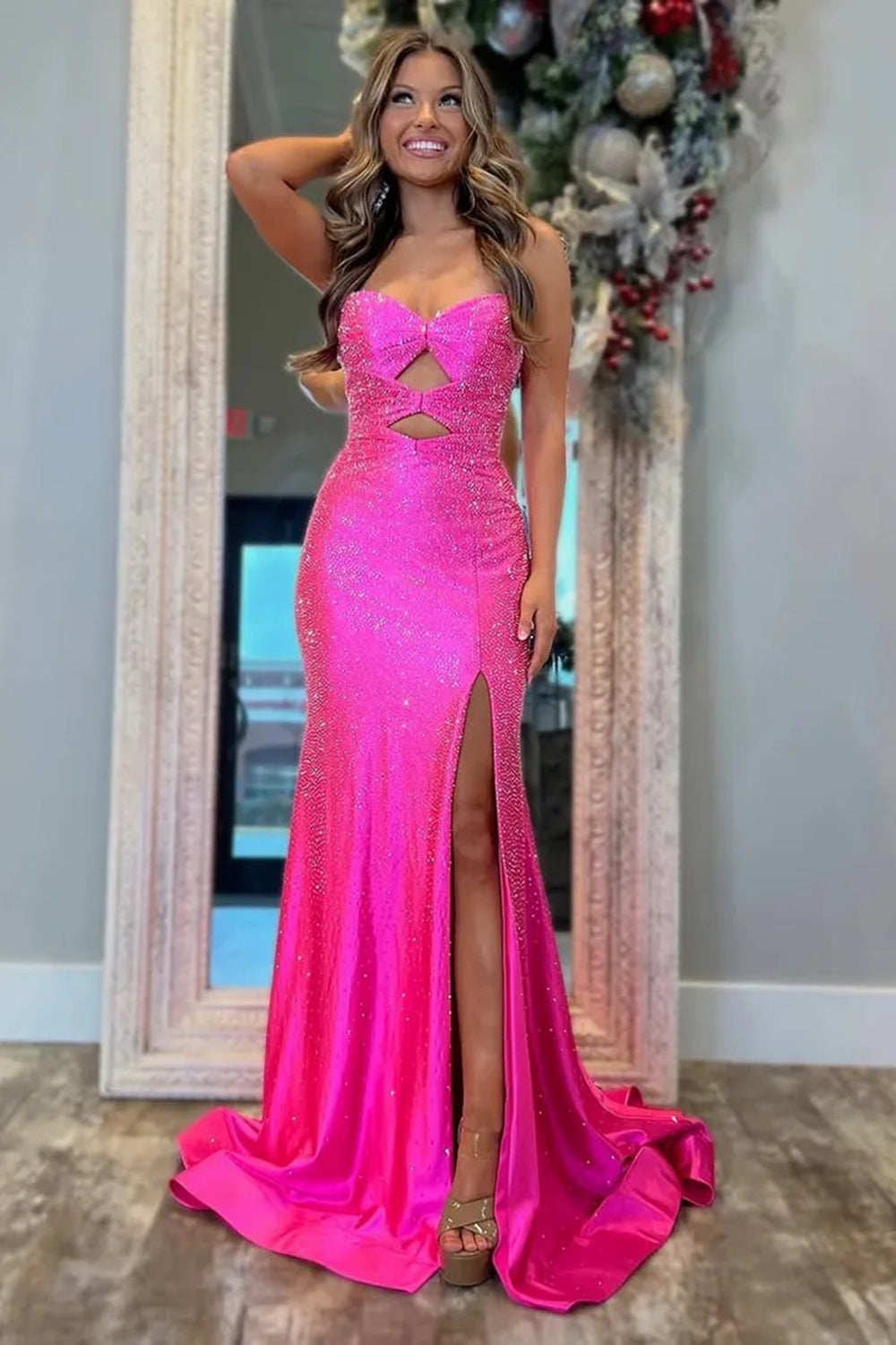Sparkly Navy Sweetheart Mermaid Cut Out Long Prom Dress with Beading