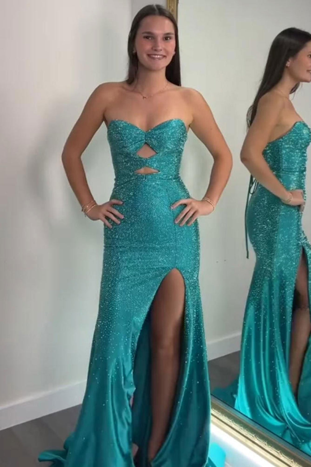 Sparkly Navy Sweetheart Mermaid Cut Out Long Prom Dress with Beading