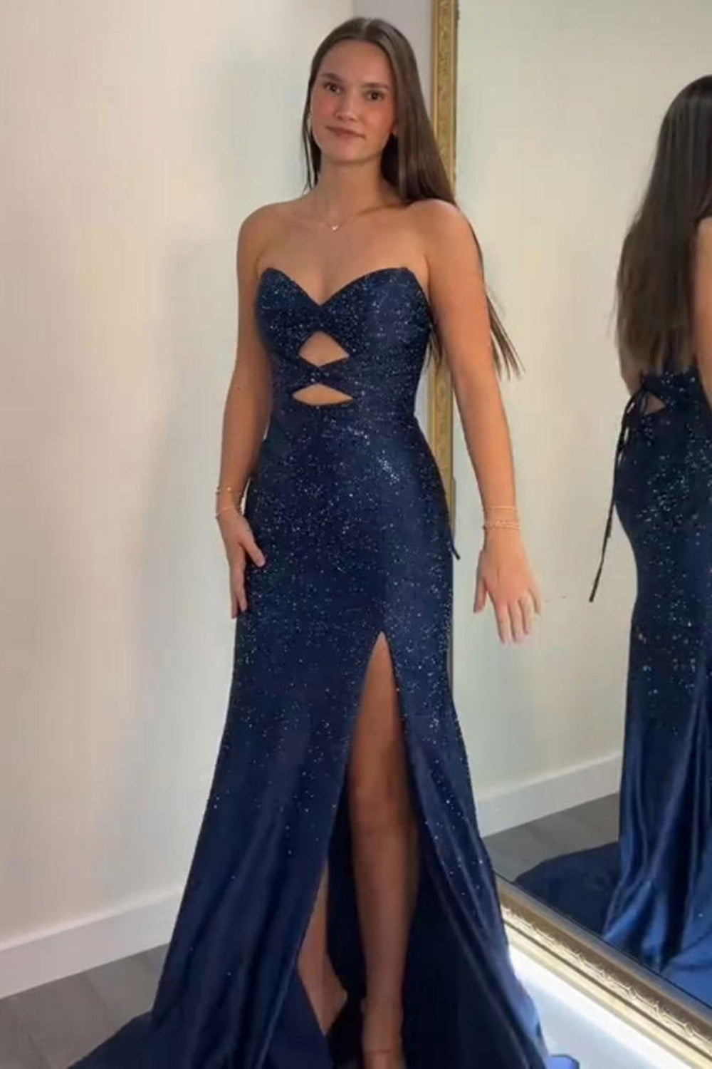 Sparkly Navy Sweetheart Mermaid Cut Out Long Prom Dress with Beading
