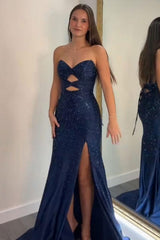 Sparkly Navy Sweetheart Mermaid Cut Out Long Prom Dress with Beading
