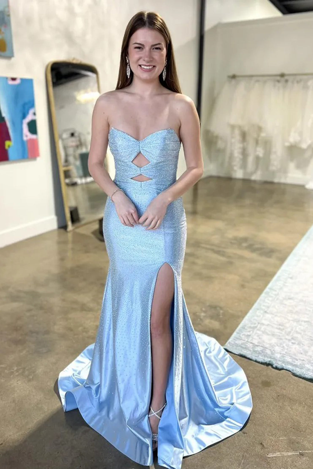Sparkly Navy Sweetheart Mermaid Cut Out Long Prom Dress with Beading