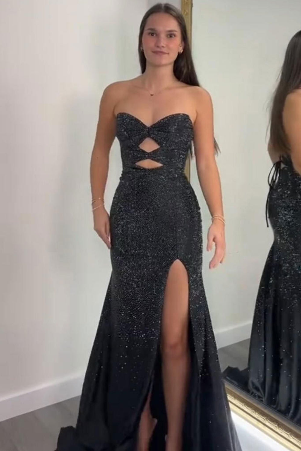 Sparkly Navy Sweetheart Mermaid Cut Out Long Prom Dress with Beading