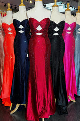 Sparkly Navy Sweetheart Mermaid Cut Out Long Prom Dress with Beading