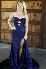 Sparkly Navy Sweetheart Mermaid Cut Out Long Prom Dress with Beading