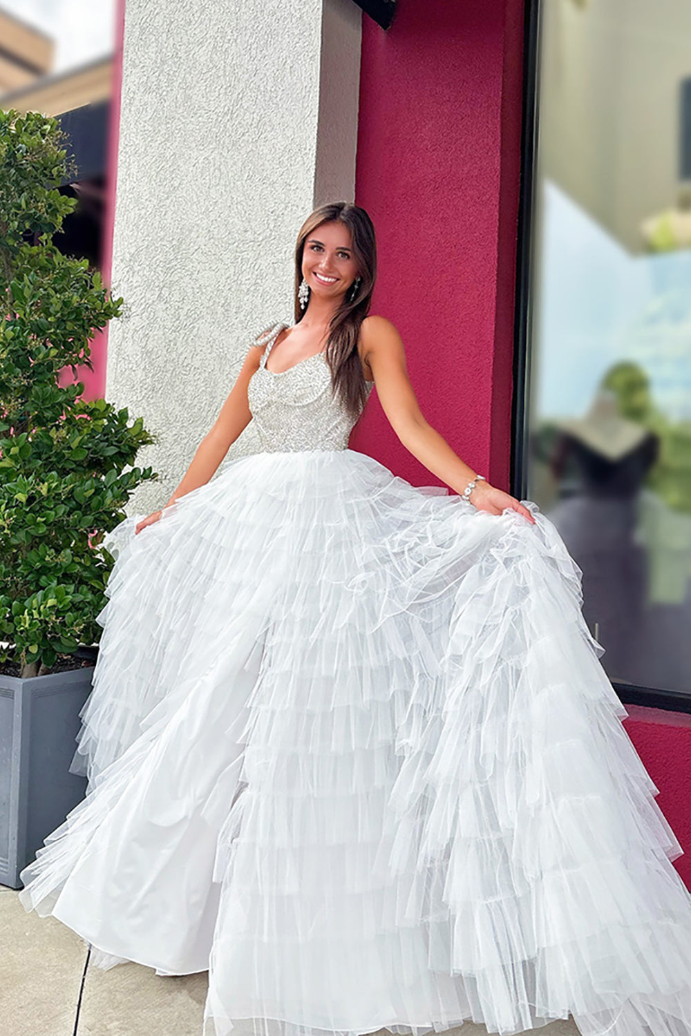 Sparkly White A Line Tiered Beaded Long Ruffled Pageant Dress with Slit