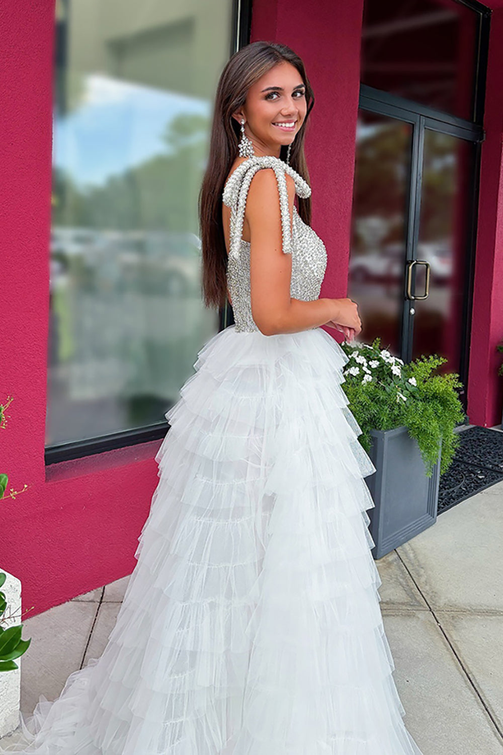 Sparkly White A Line Tiered Beaded Long Ruffled Pageant Dress with Slit
