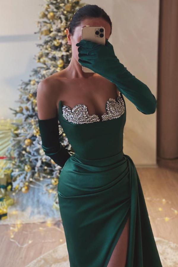 Exquisite Gloves Green Split Front Strapless Long Mermaid Prom Dress