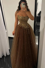 27Dress Strapless A-line Tulle Prom Dress Sleeveless with Beads