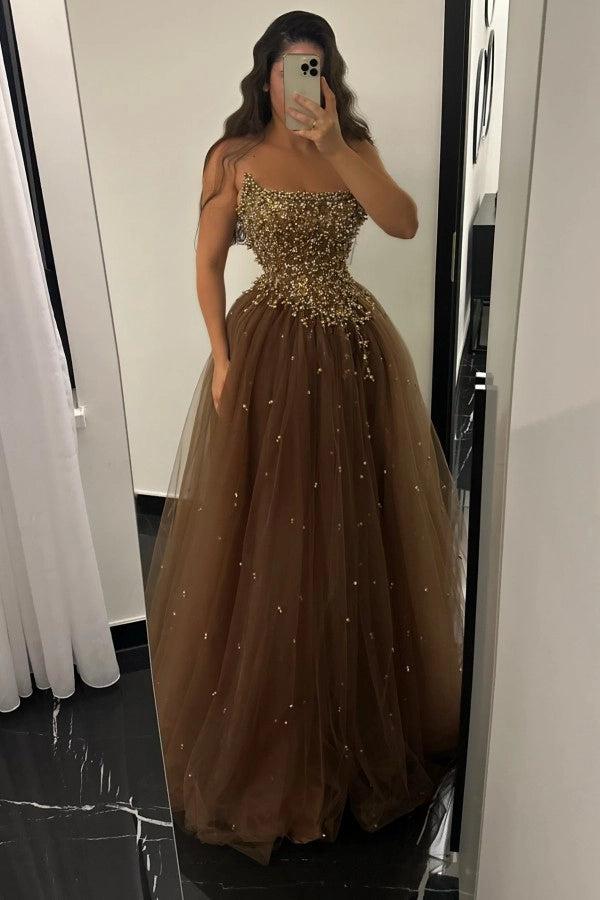 27Dress Strapless A-line Tulle Prom Dress Sleeveless with Beads