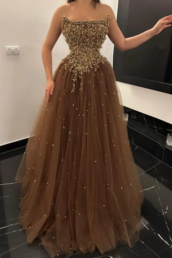 27Dress Strapless A-line Tulle Prom Dress Sleeveless with Beads