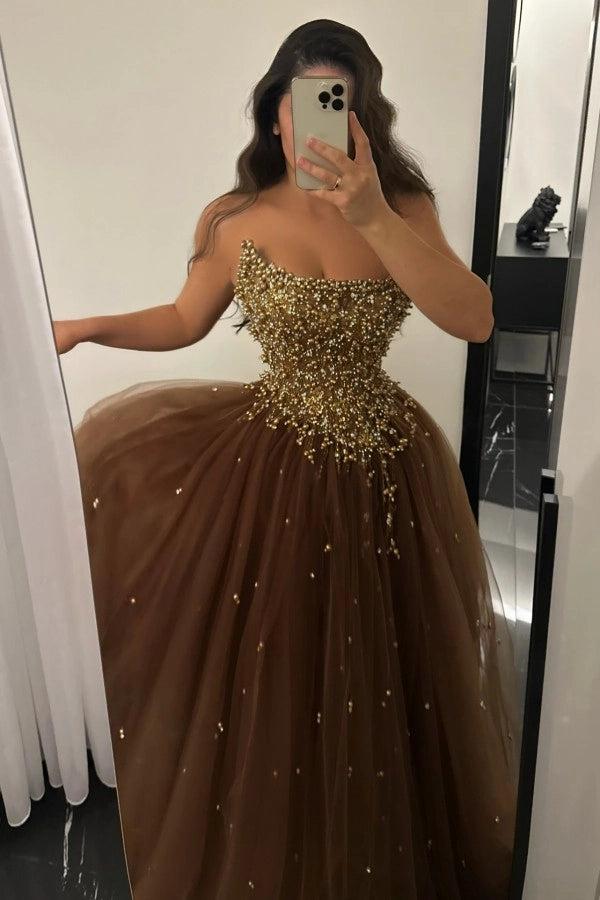 27Dress Strapless A-line Tulle Prom Dress Sleeveless with Beads